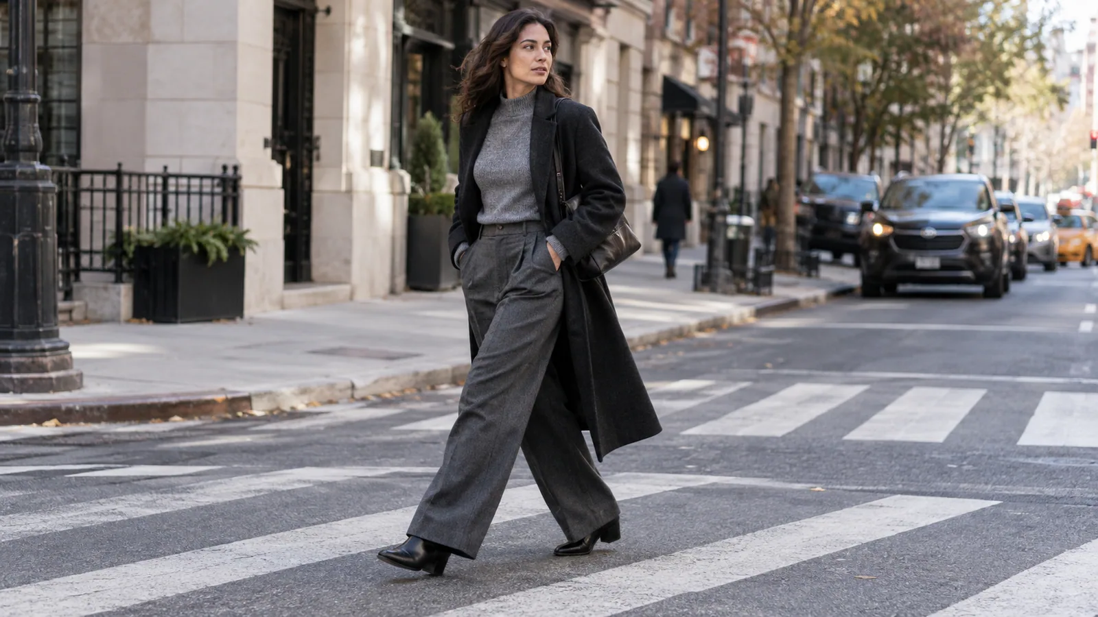 Woman in wide-leg trousers and sleek ankle boots crossing a city street