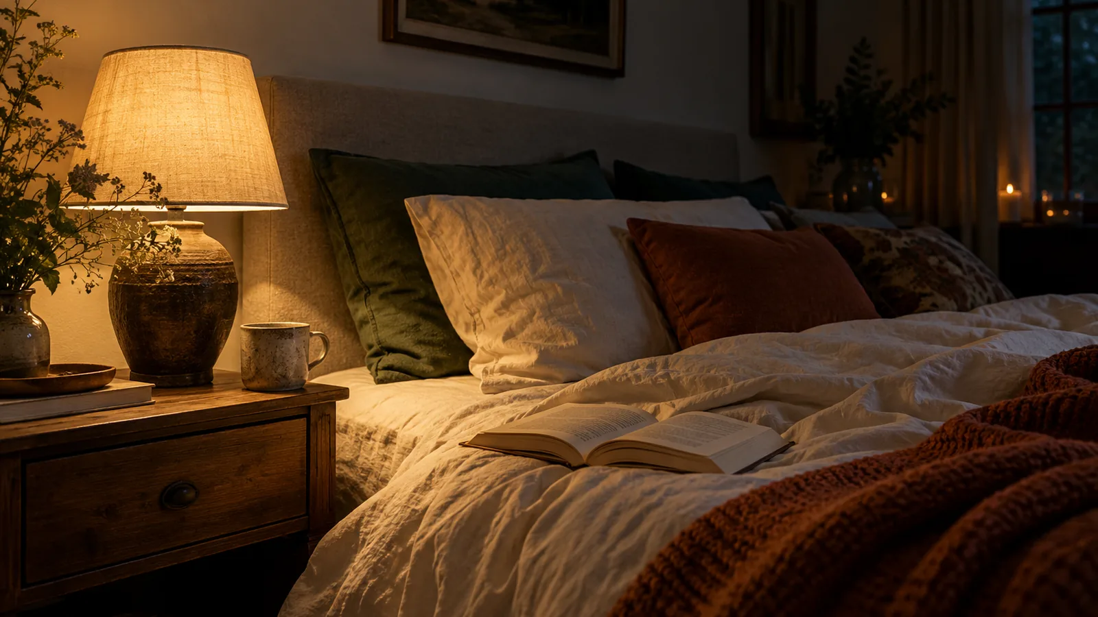 Warm bedside lamp illuminating an open book and rumpled linen