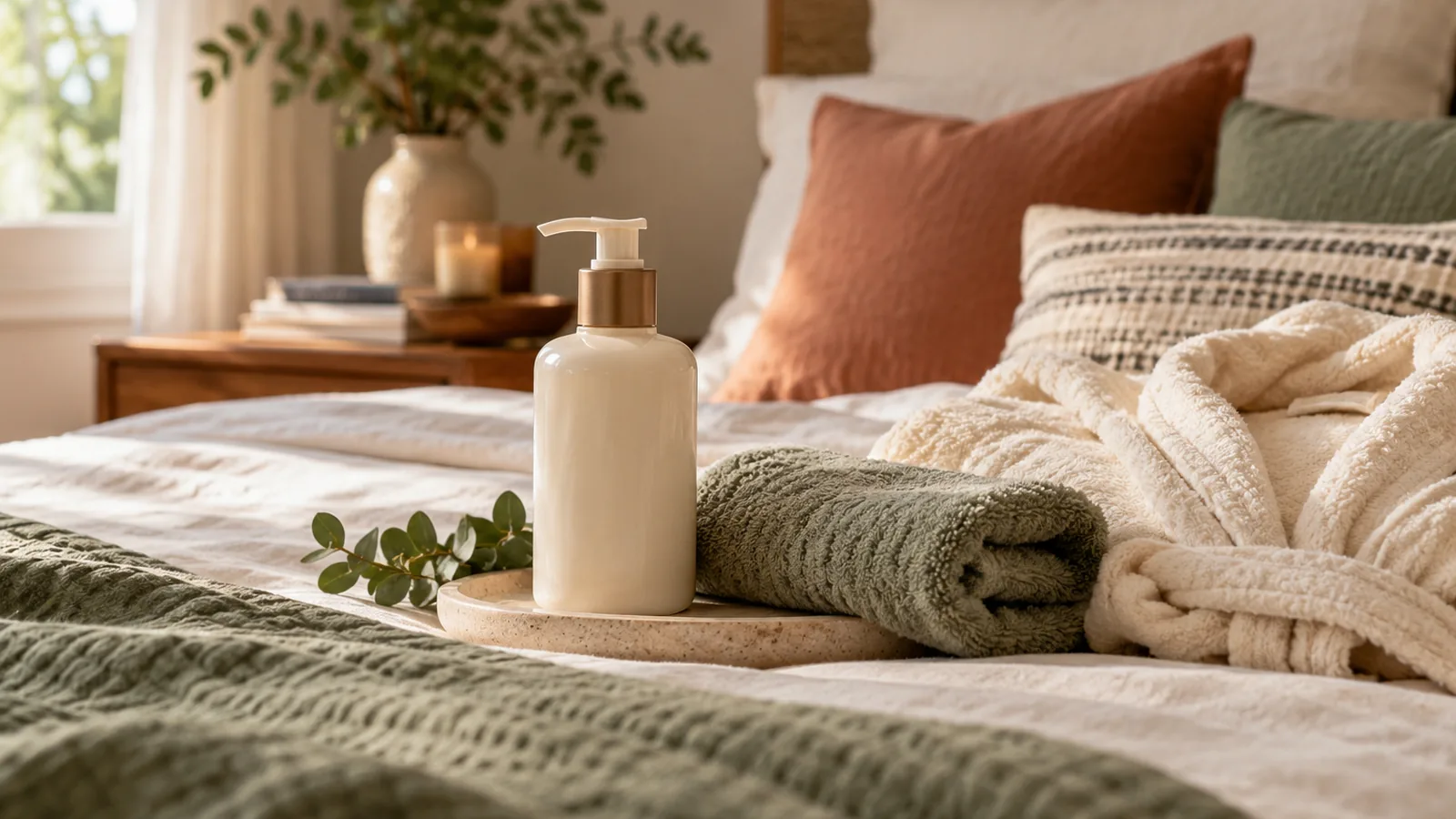 Woman applying body lotion after a shower in a warm bedroom