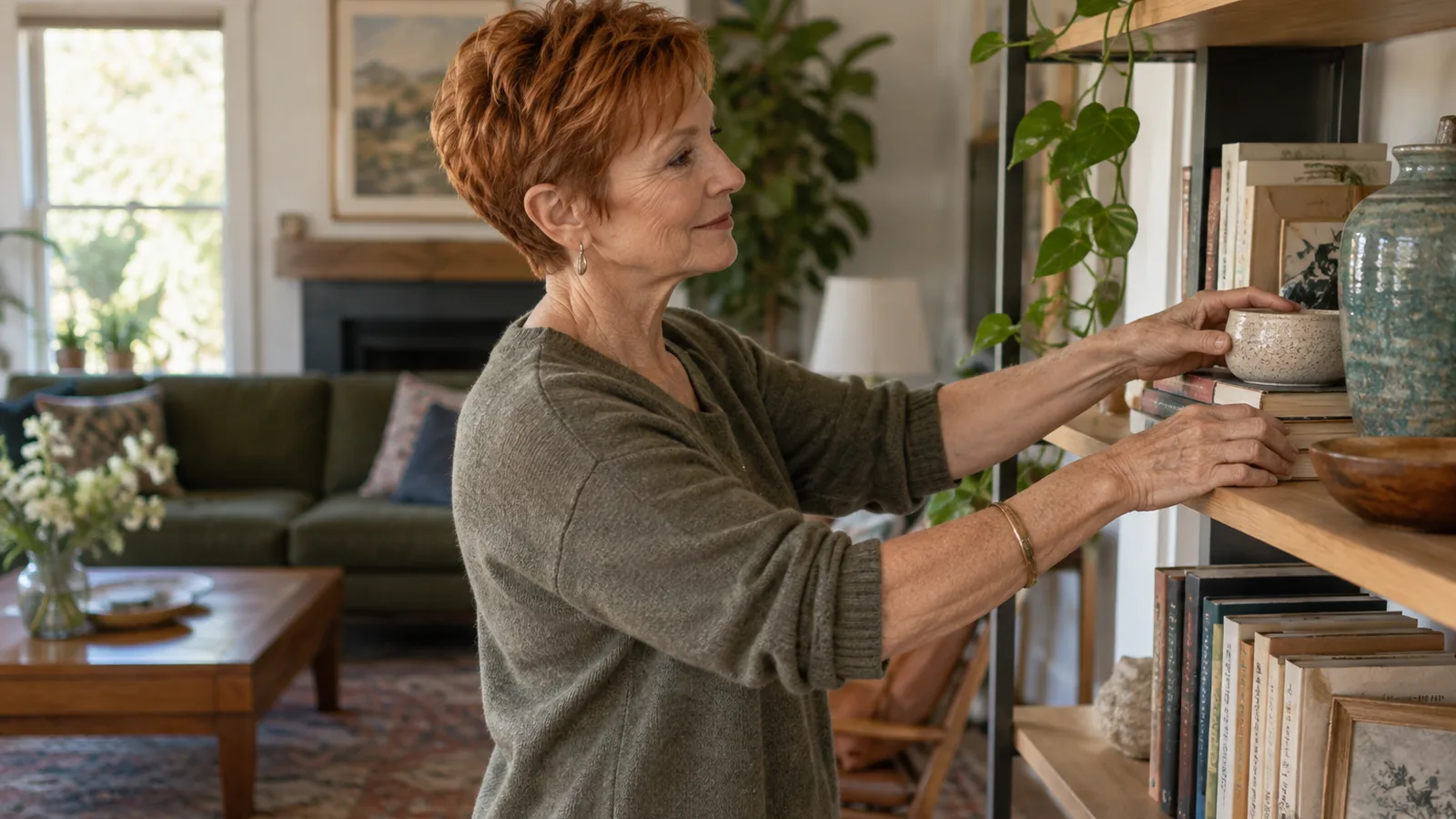Older woman with short copper hair arranging ceramics on a living room bookshelf