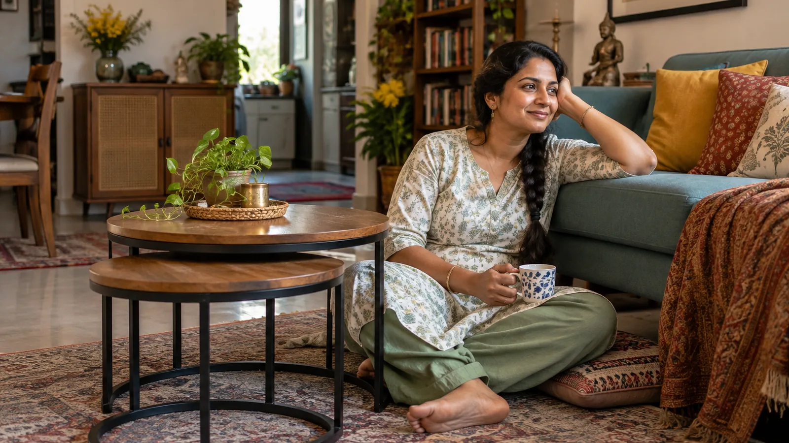 South Asian woman relaxing beside nested coffee tables in a colorful living room