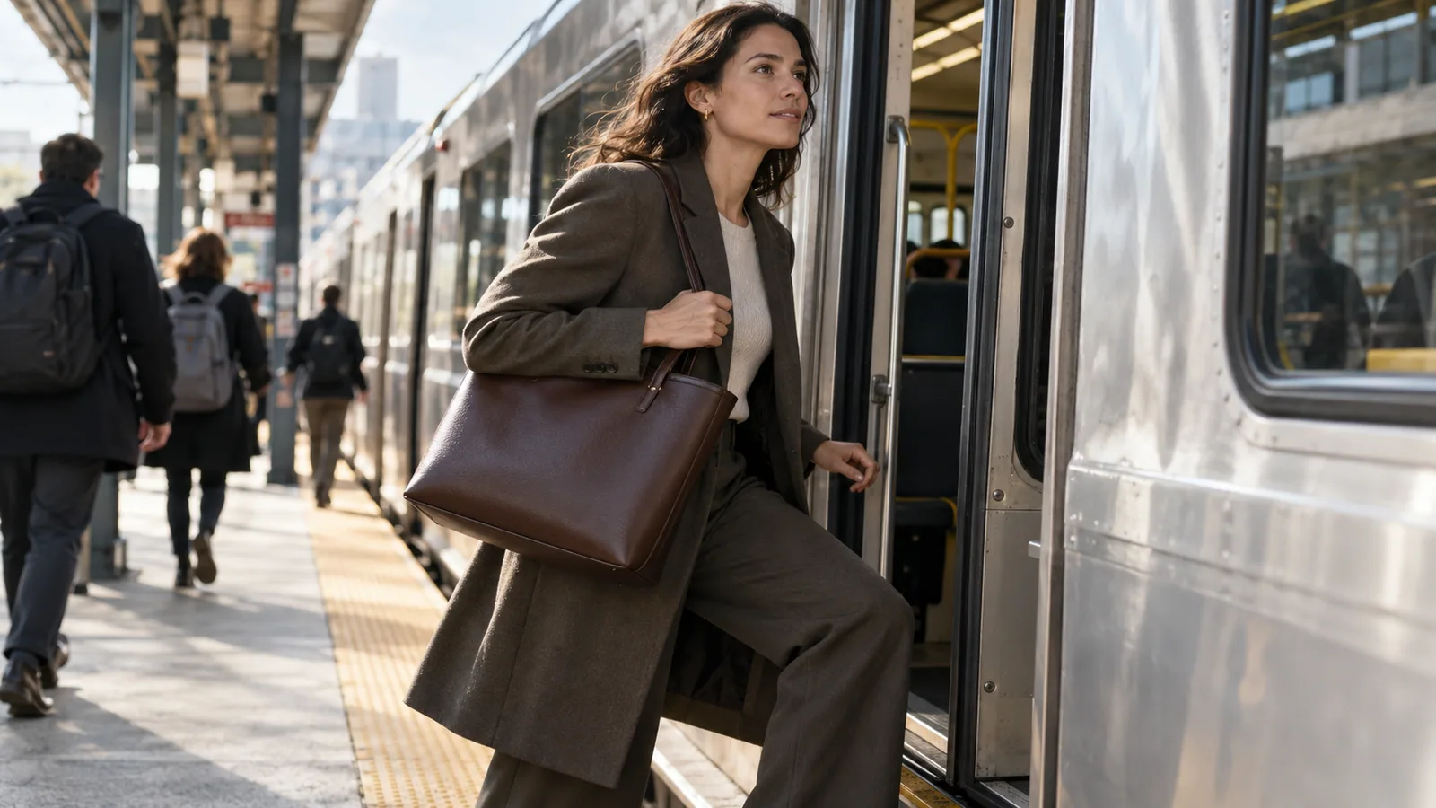 Professional woman carrying a structured tote while boarding a commuter train