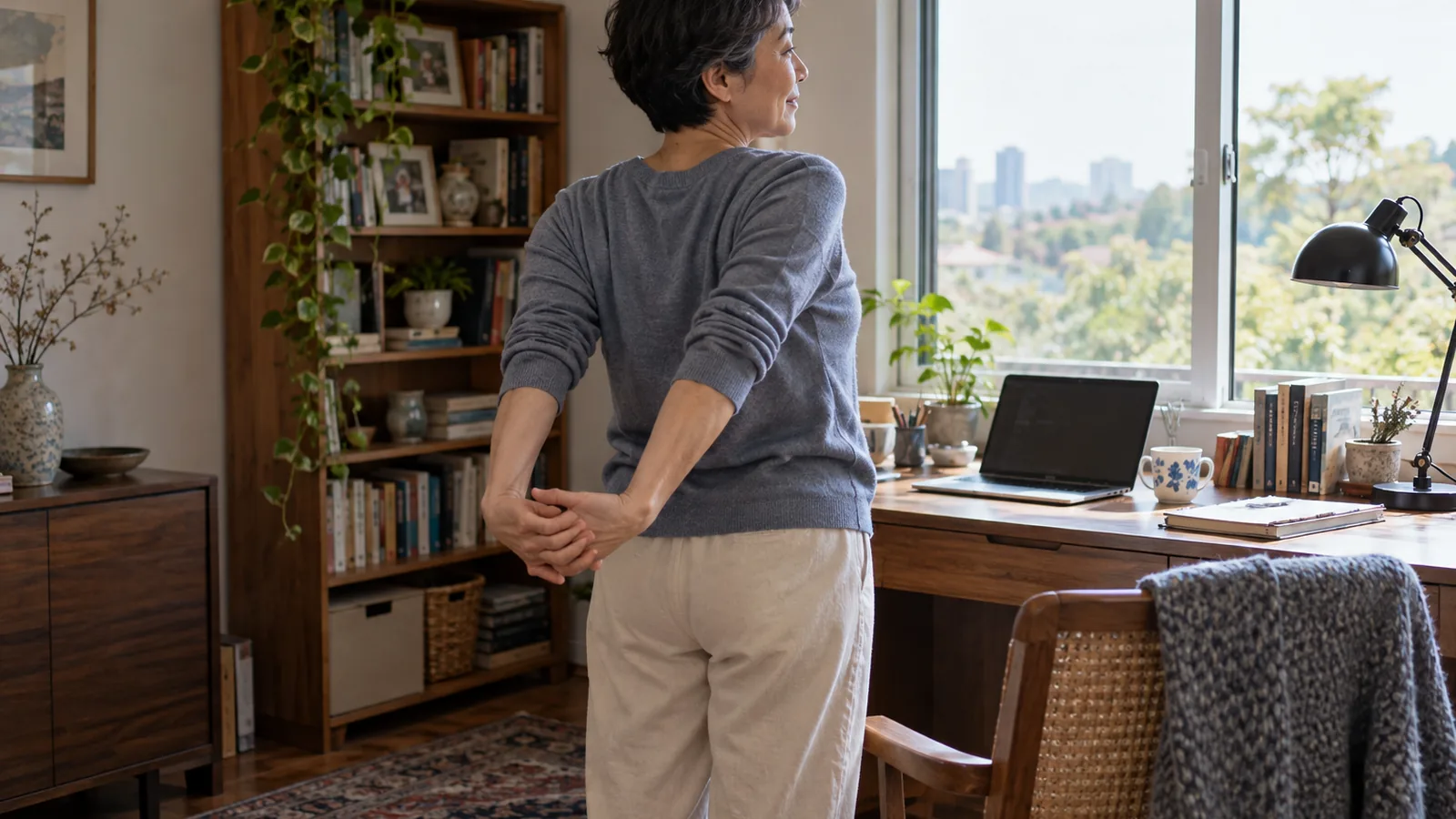 Woman with cropped hair stretching gently beside a home office desk