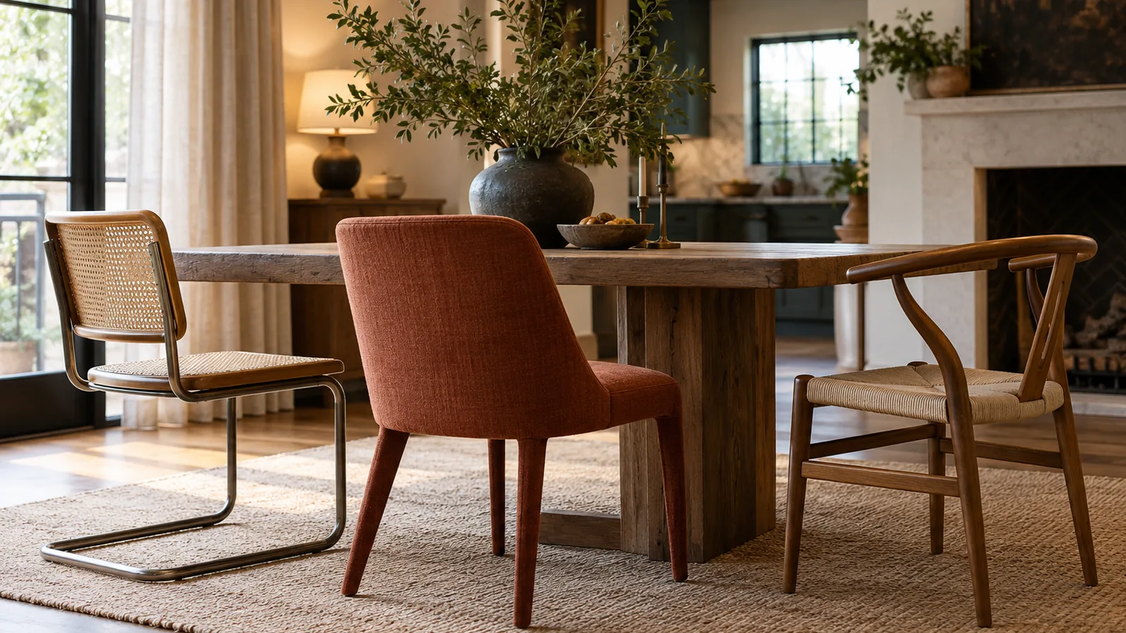Three differently shaped dining chairs around a wooden table