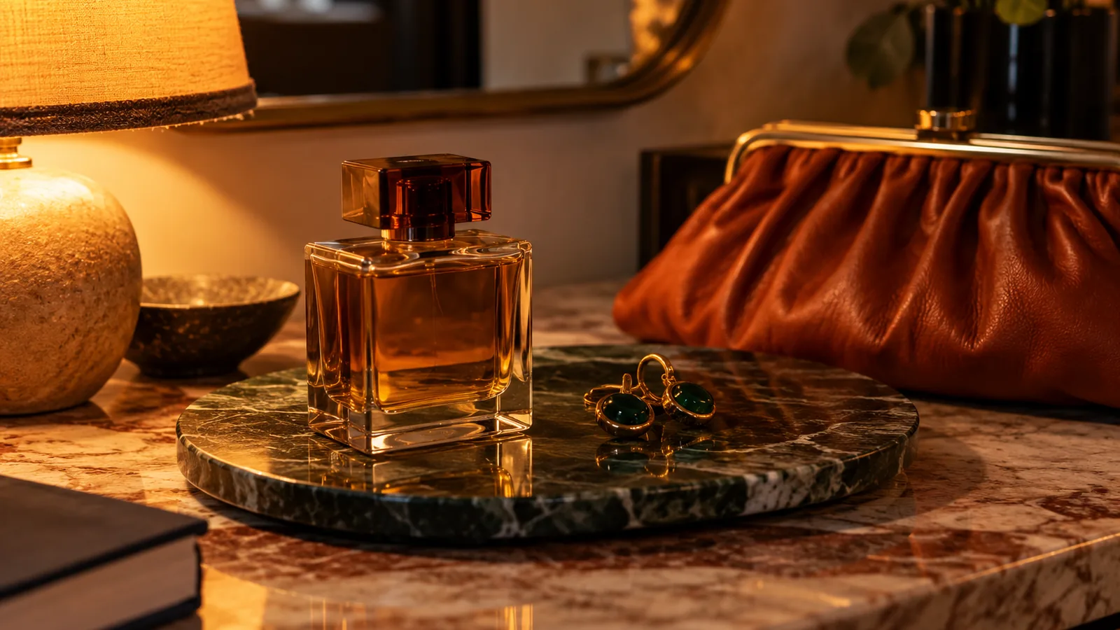 Amber perfume bottle beside earrings and a small evening bag