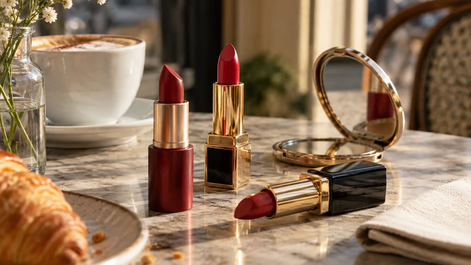 Three red lipsticks arranged at different angles on a café table