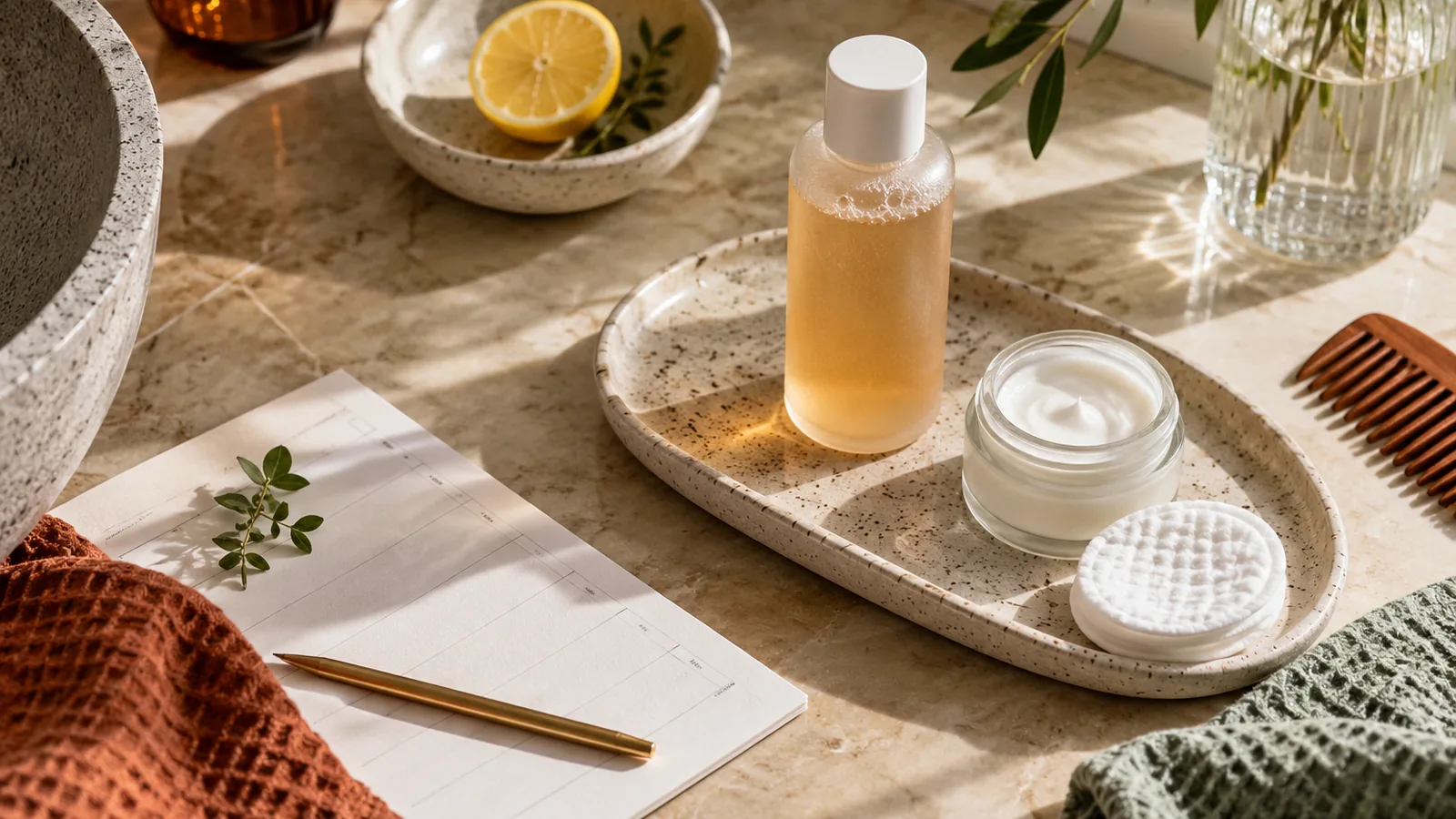 Weekly skincare edit with exfoliant, cotton pads, moisturizer, and a calendar