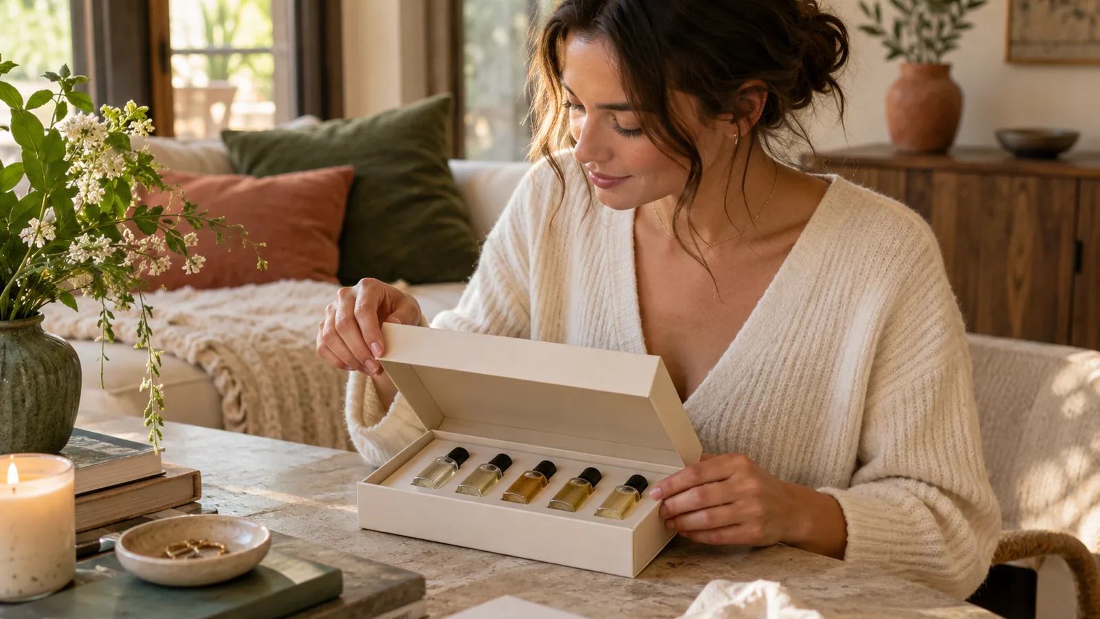 Elegant fragrance discovery set being opened at home