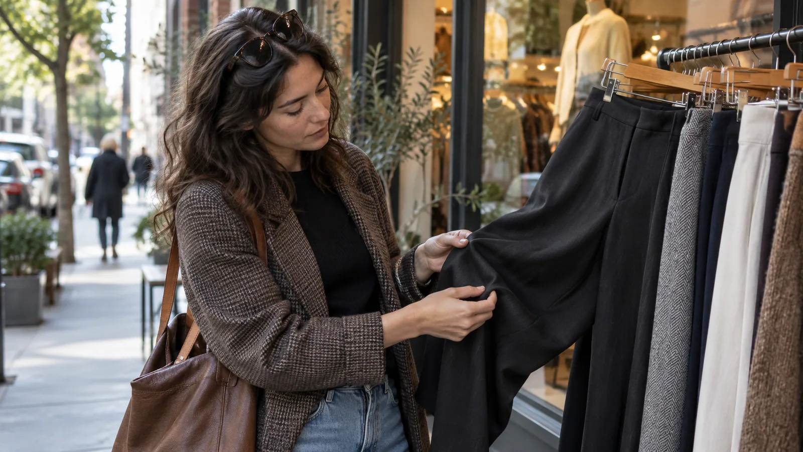 Shopper examining the weave and drape of fabric near a boutique window