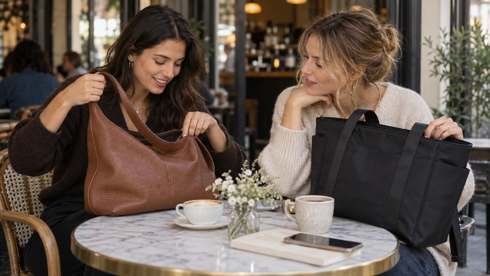 Two friends comparing a leather bag and a nylon bag at a café table