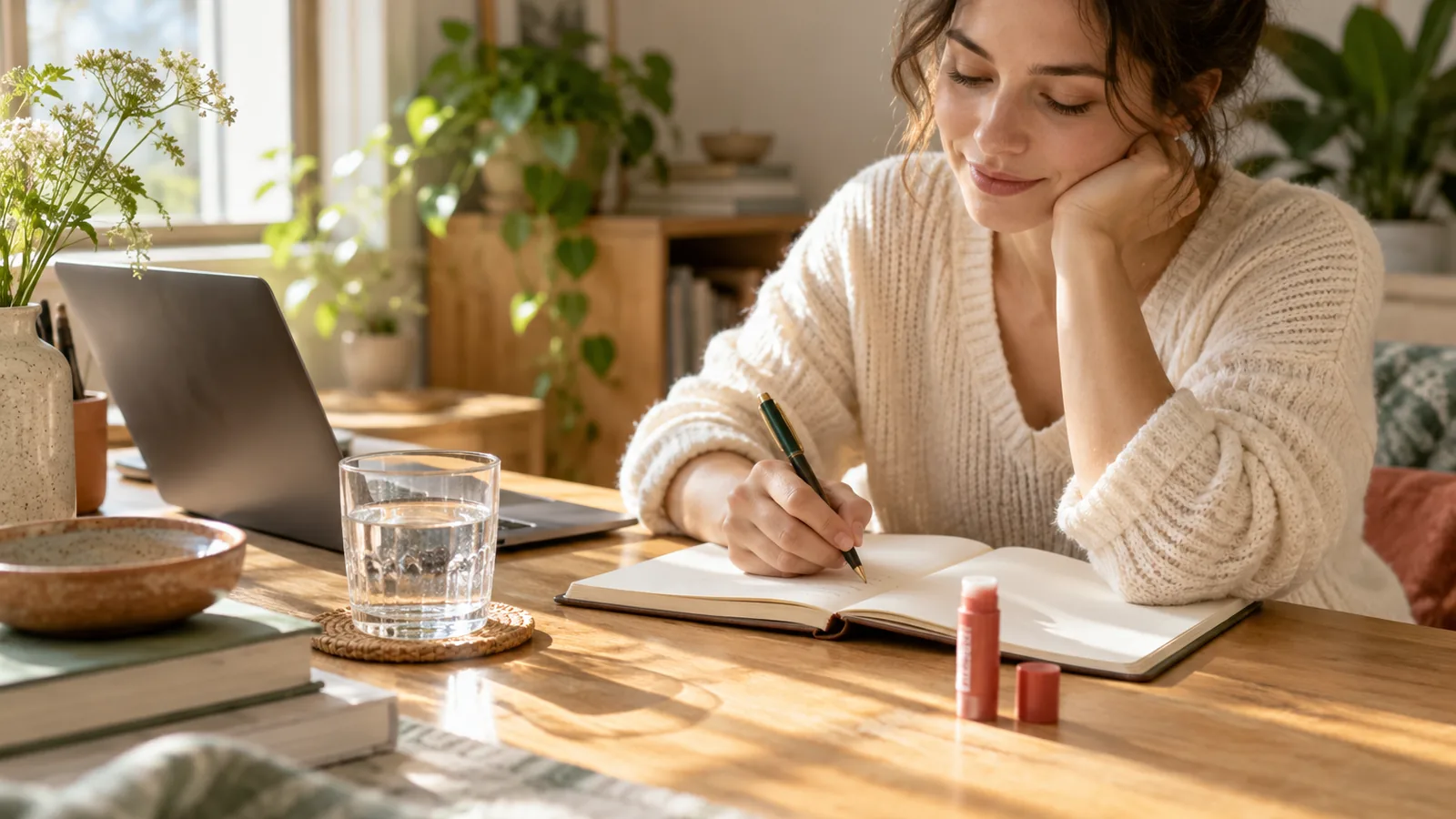 Lip balm beside a notebook and water glass on a home desk