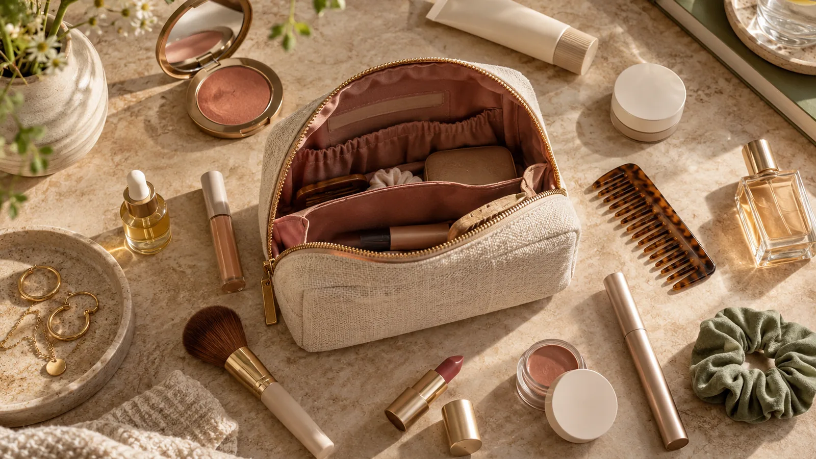 Open makeup bag with a concise everyday edit arranged around it