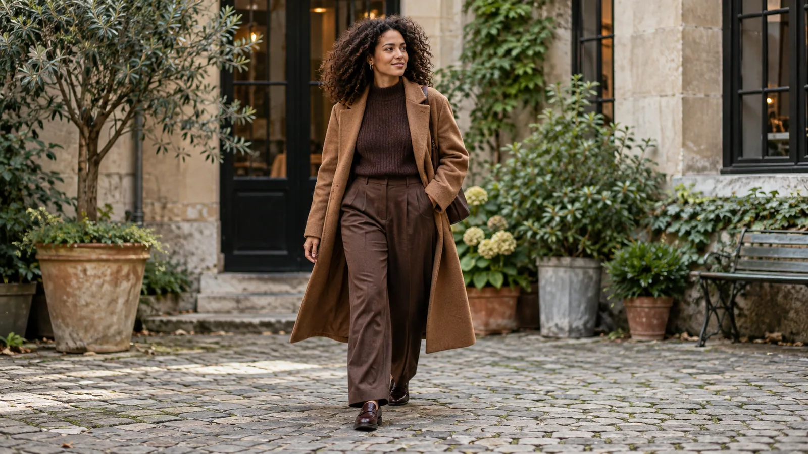 Woman wearing layered shades of chocolate brown in an urban courtyard