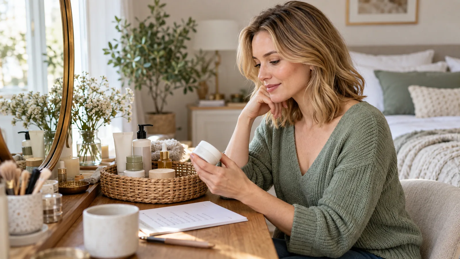 Woman with honey-blonde hair reviewing personal-care products and a budget
