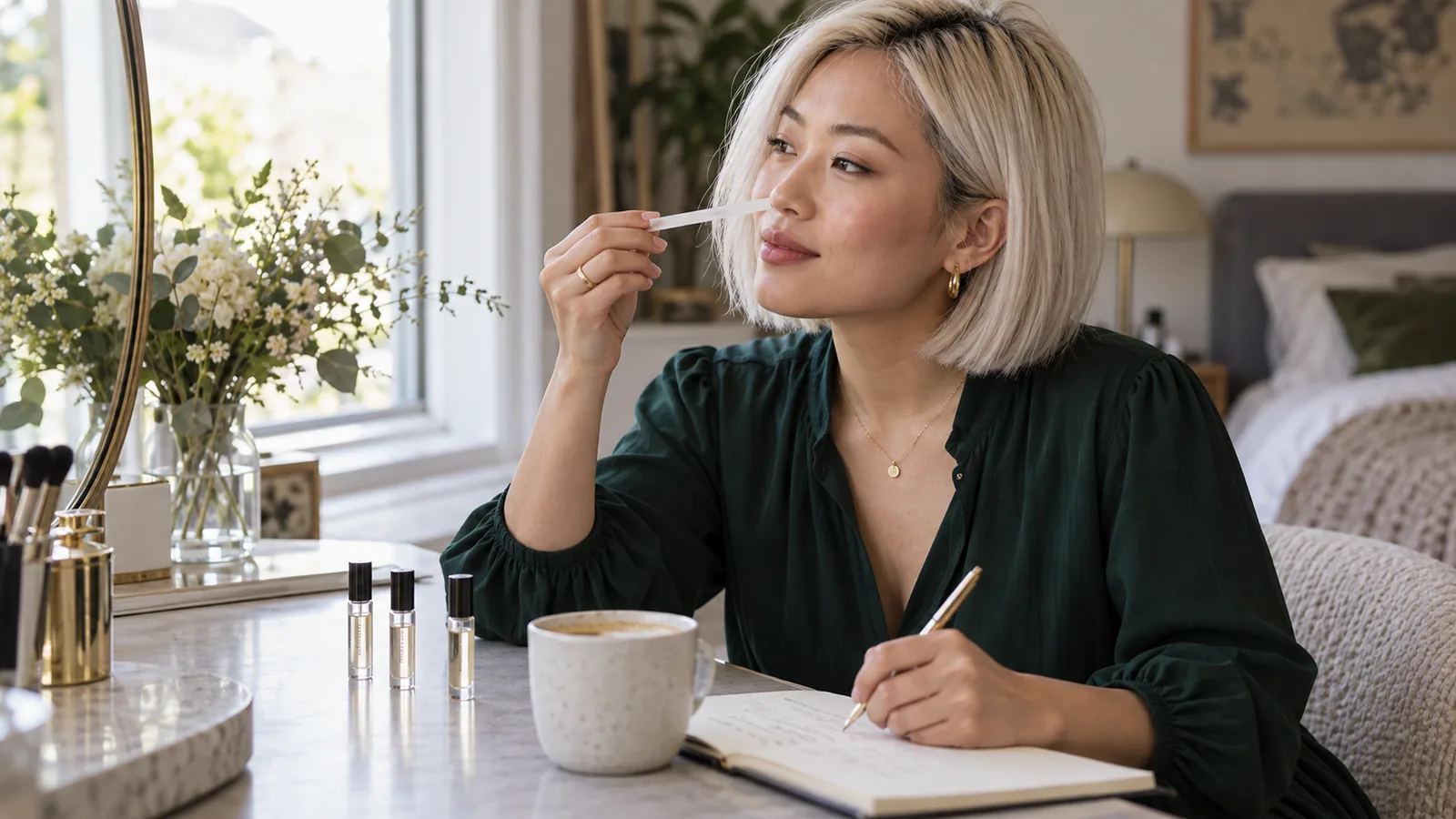 East Asian woman with an icy-blonde bob testing a perfume sample and taking notes