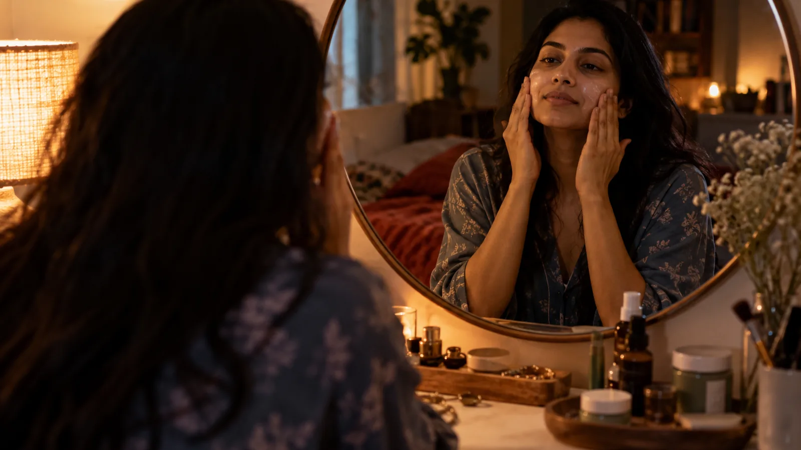 South Asian woman following a simple nighttime skincare routine