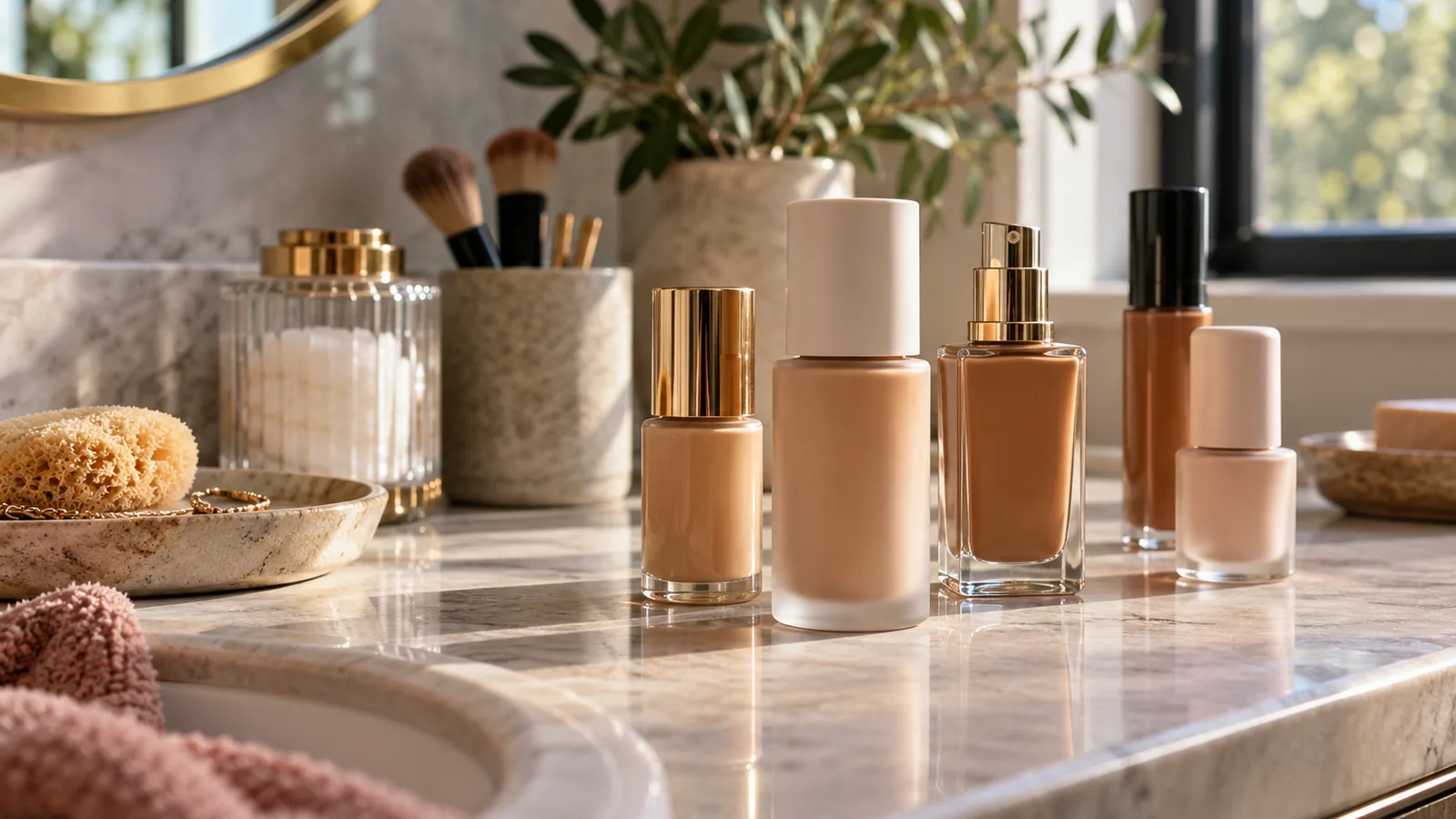Unbranded skin tint and foundation bottles arranged on a real bathroom vanity