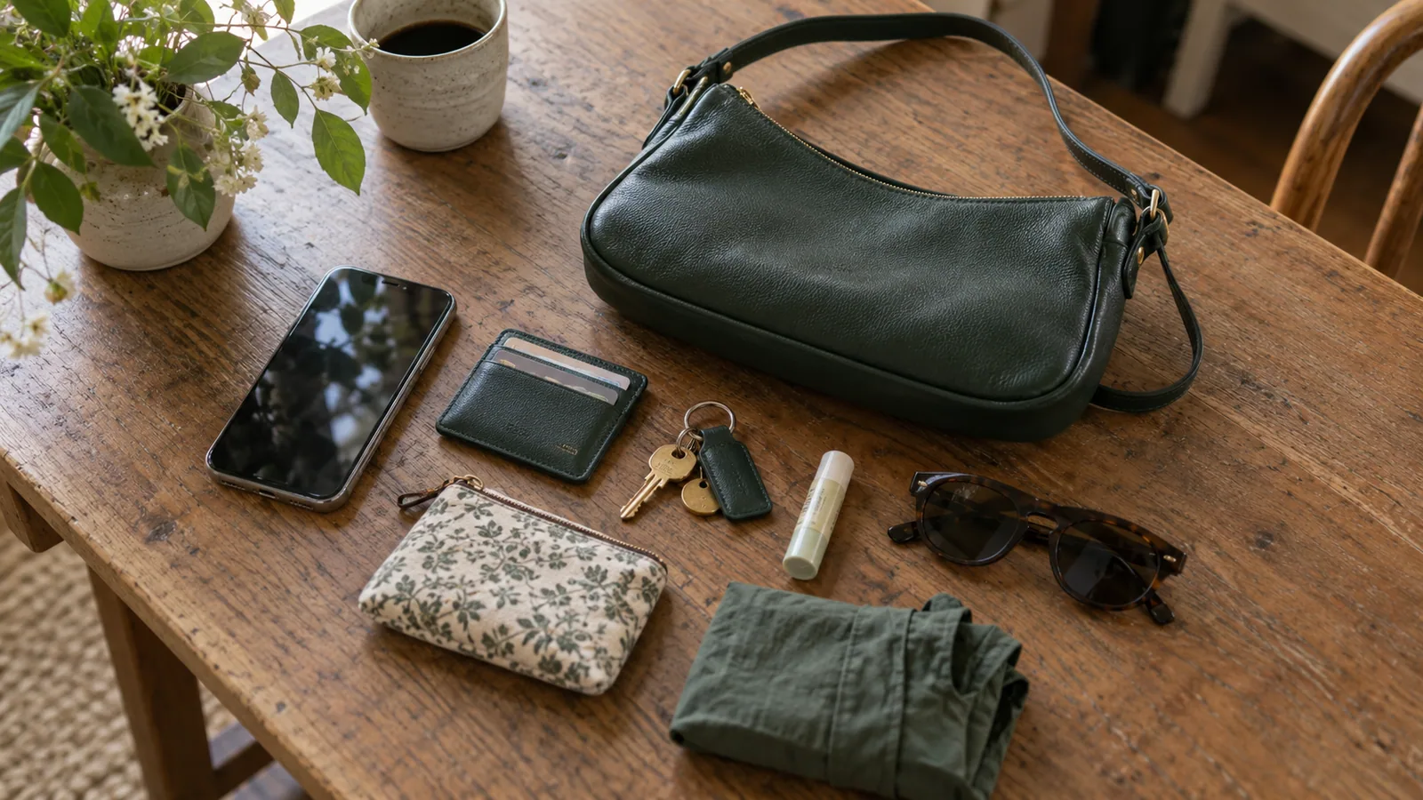 Everyday essentials neatly arranged beside a small shoulder bag