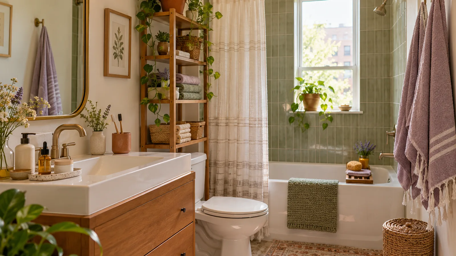 Organized small bathroom with woman reaching for daily skincare