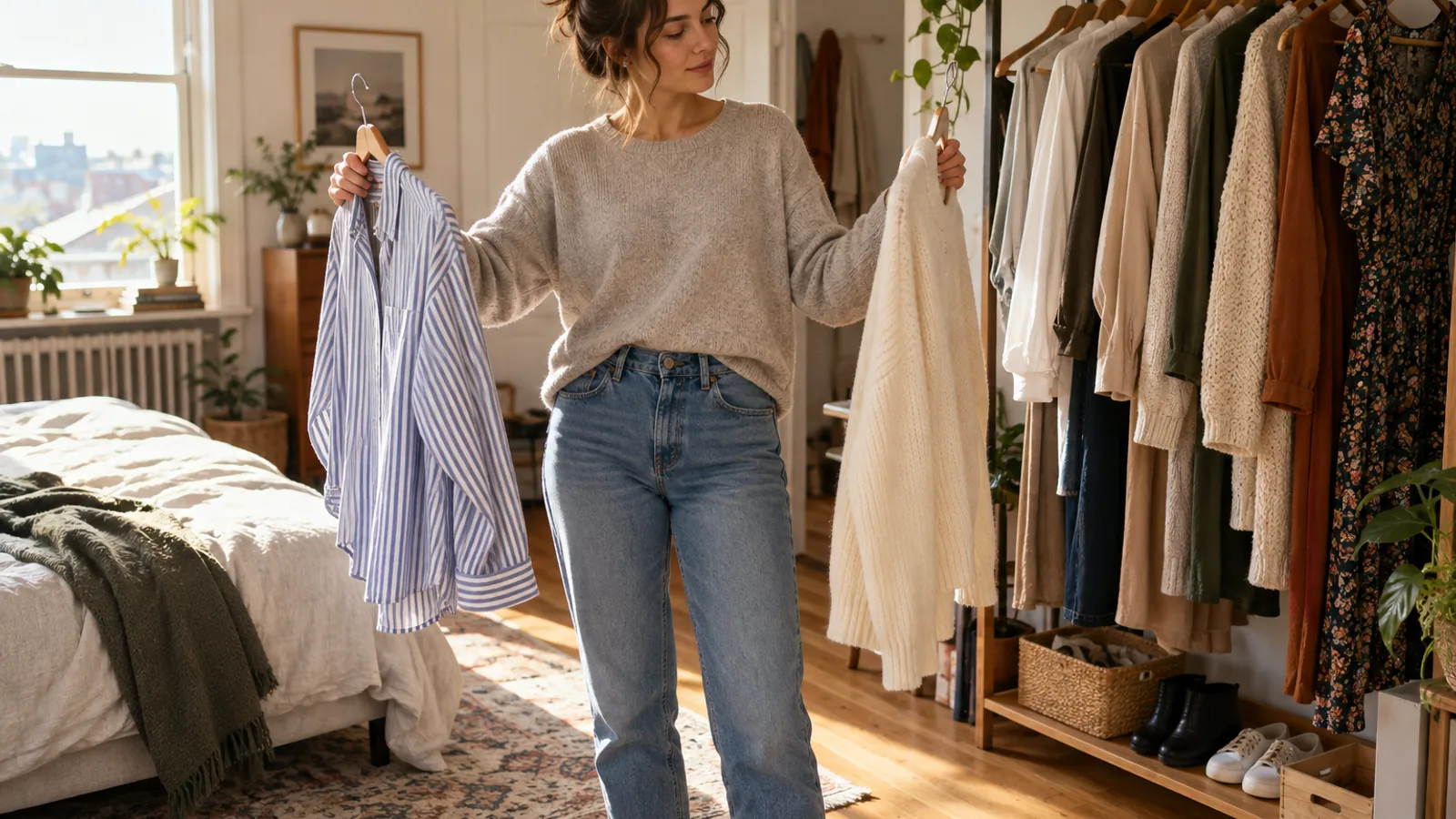 Woman choosing clothes from a small organized wardrobe in a sunlit bedroom