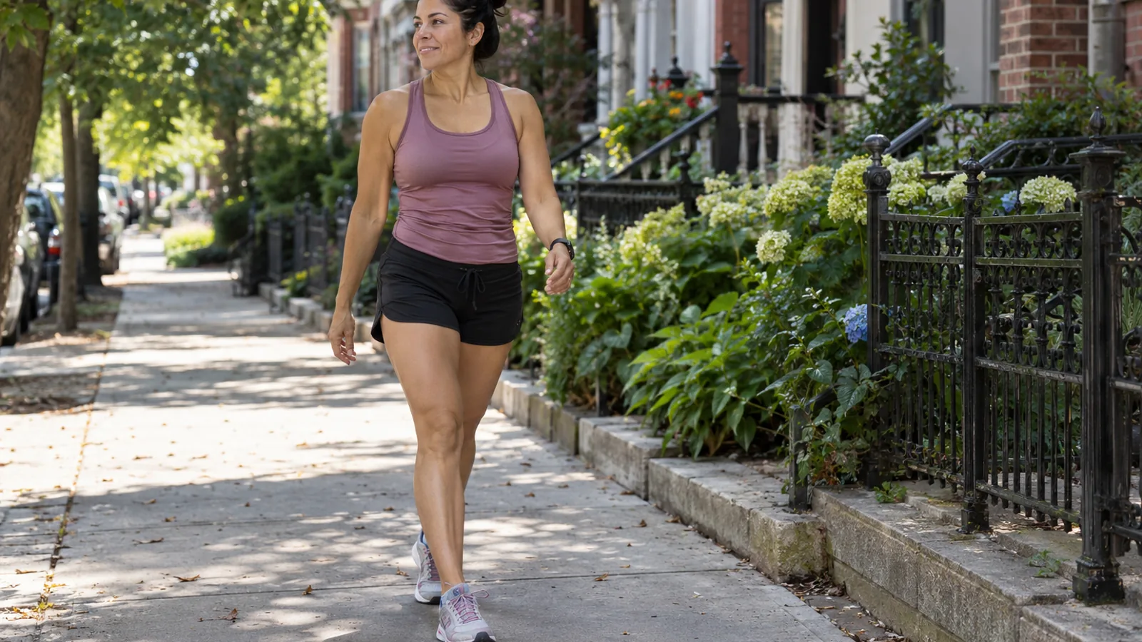 Woman taking a relaxed midday walk through her neighborhood