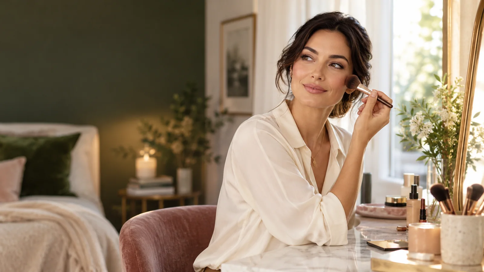Woman applying natural makeup at a bright bedroom vanity before work